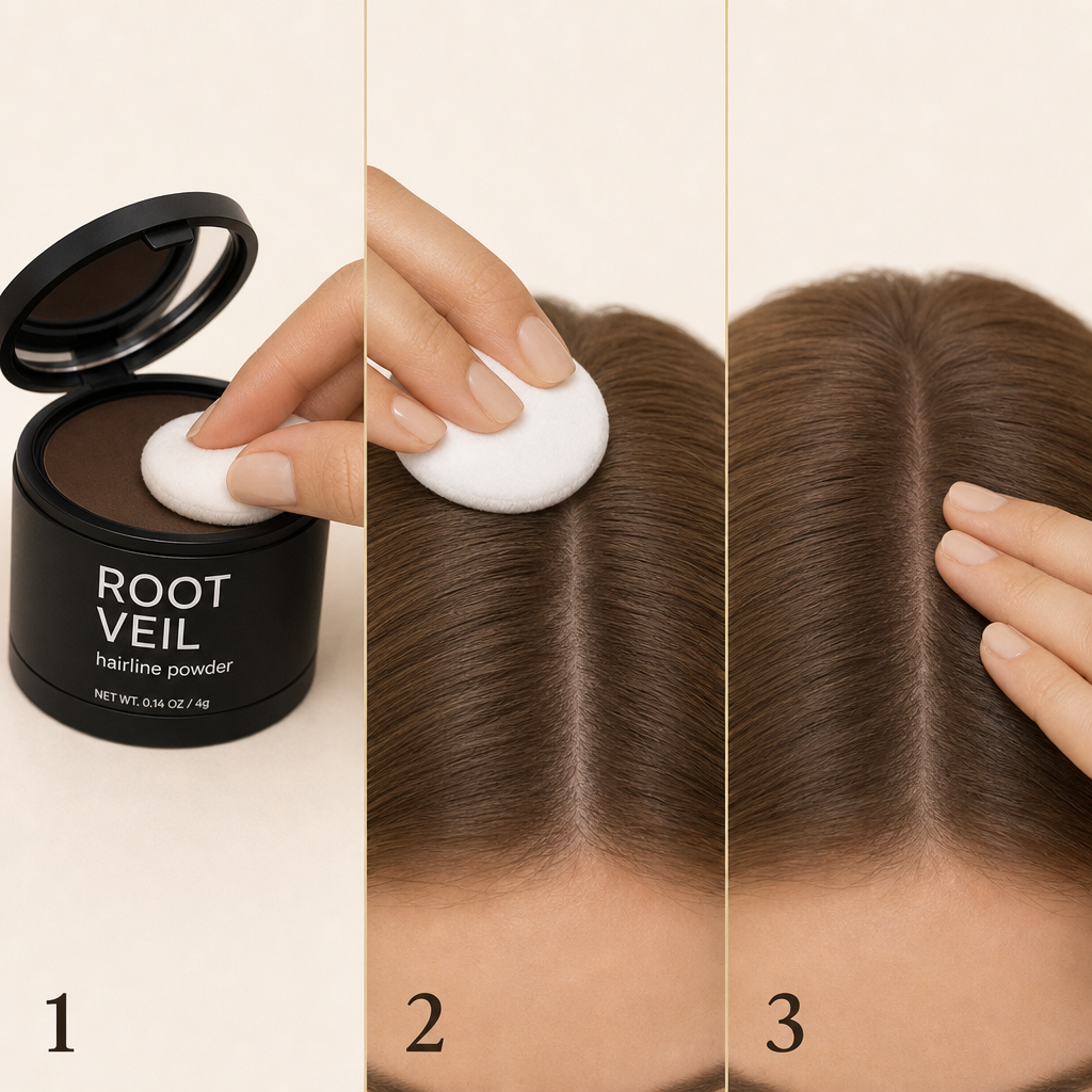 Three steps: load the puff, tap along the part, smooth